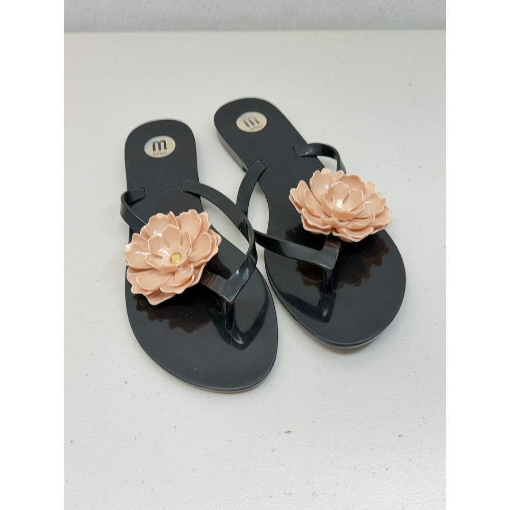Melissa Querida Black Jelly Flip Flop Sandals Pink Flower US 8 BRA 37 - Picture 2 of 8